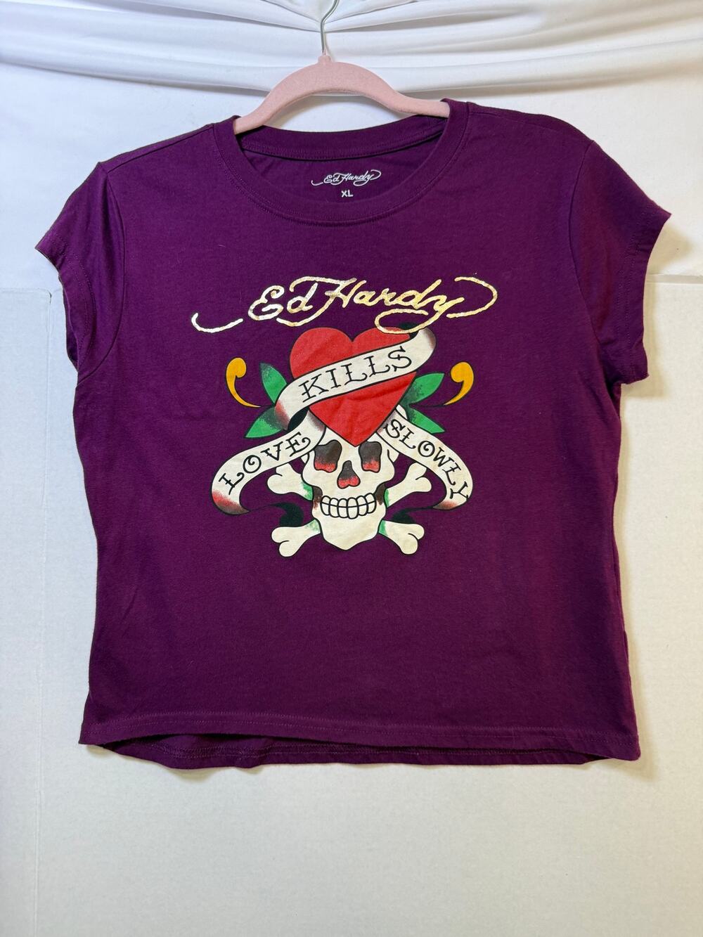 Ed Hardy Love Kills Slowly Skull Heart Graphic Tee XL Purple Y2K